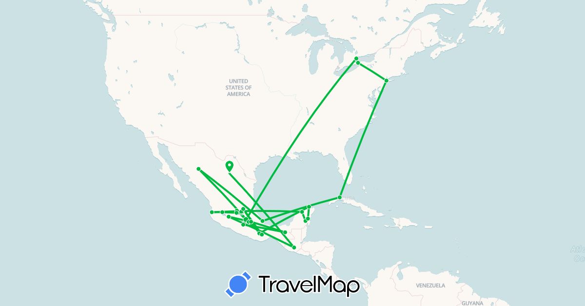 TravelMap itinerary: driving, bus in Canada, Cuba, Guatemala, Mexico, United States (North America)